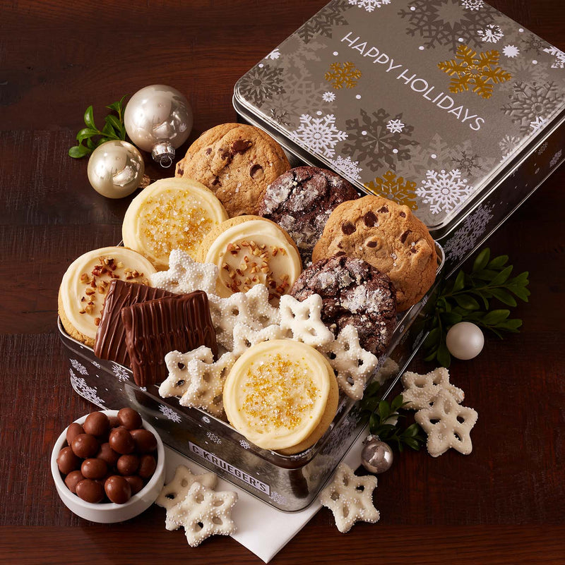 Silver & Gold Snowflake Gift Tin - Cookies & Snacks
