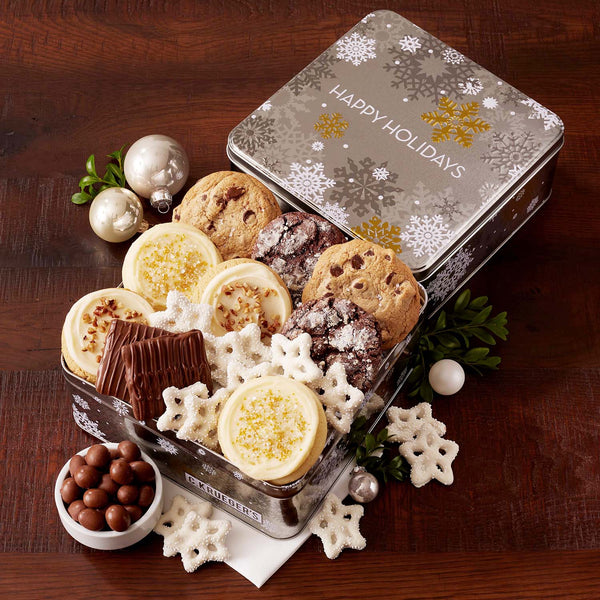 Silver & Gold Snowflake Gift Tin - Cookies and Snacks