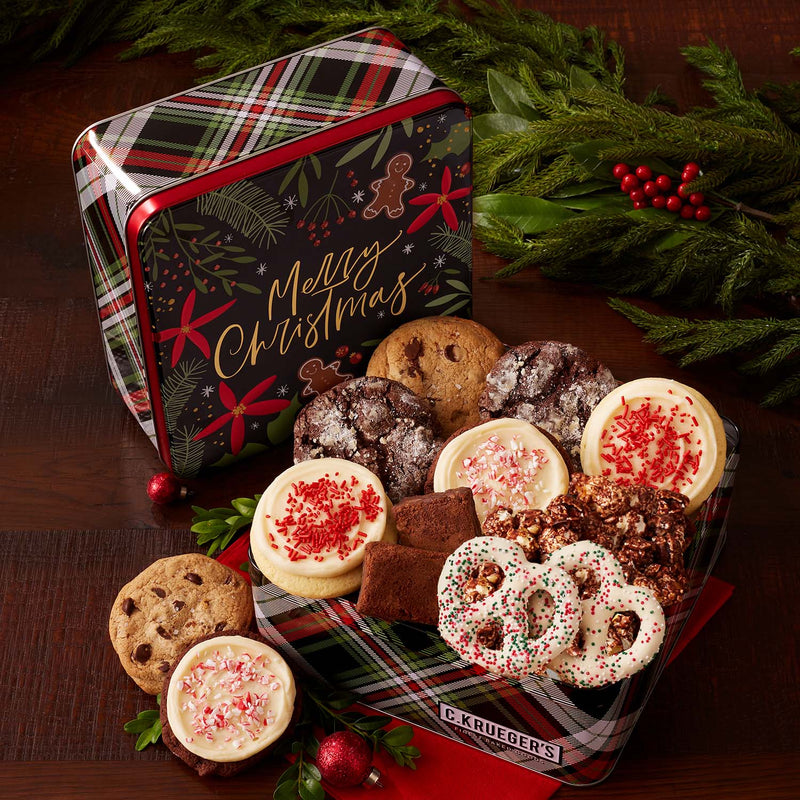 Winterberry "Merry Christmas" Gourmet Gift Tin - Cookies and Snacks