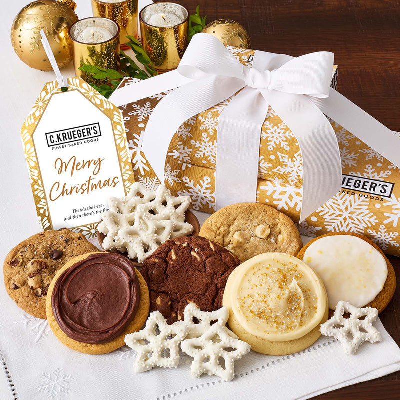 Gold Snowflake "Merry Christmas" Gift Stack – Cookies and Snacks