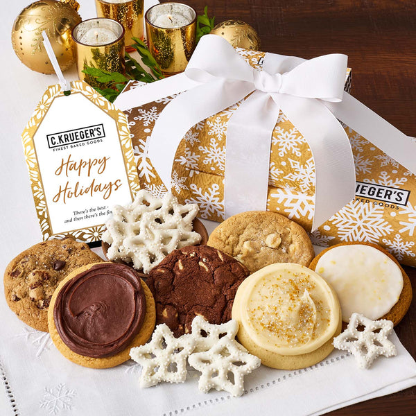 Gold Snowflake "Happy Holidays" Sampler Gift Stack – Cookies and Snacks