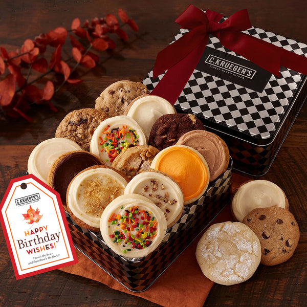 Fall Birthday Harlequin Cookie Tin - Assorted Cookies