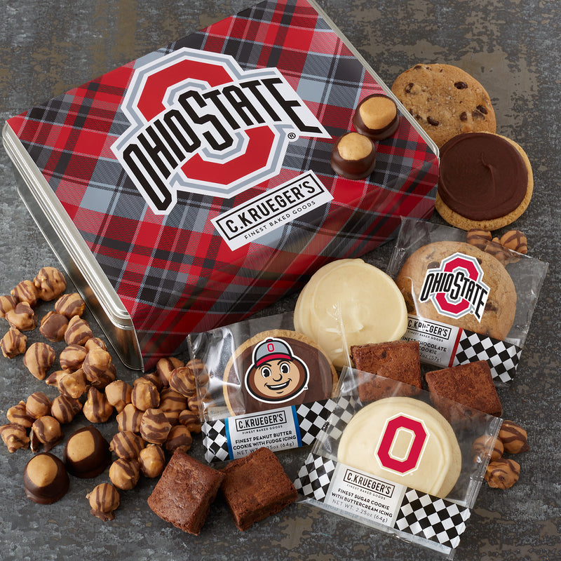 OSU Scarlet & Gray Plaid 15 Count Cookies & Snacks Gift Tin