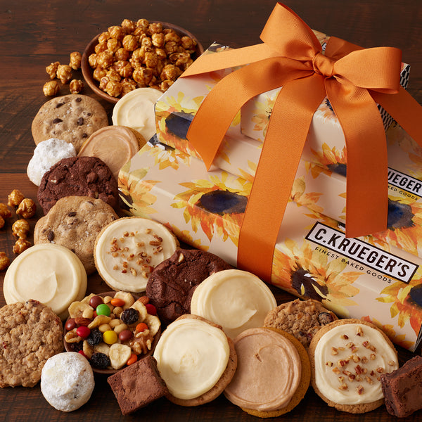 Autumn Sunflower Cookies and Snacks Gift Box Stack